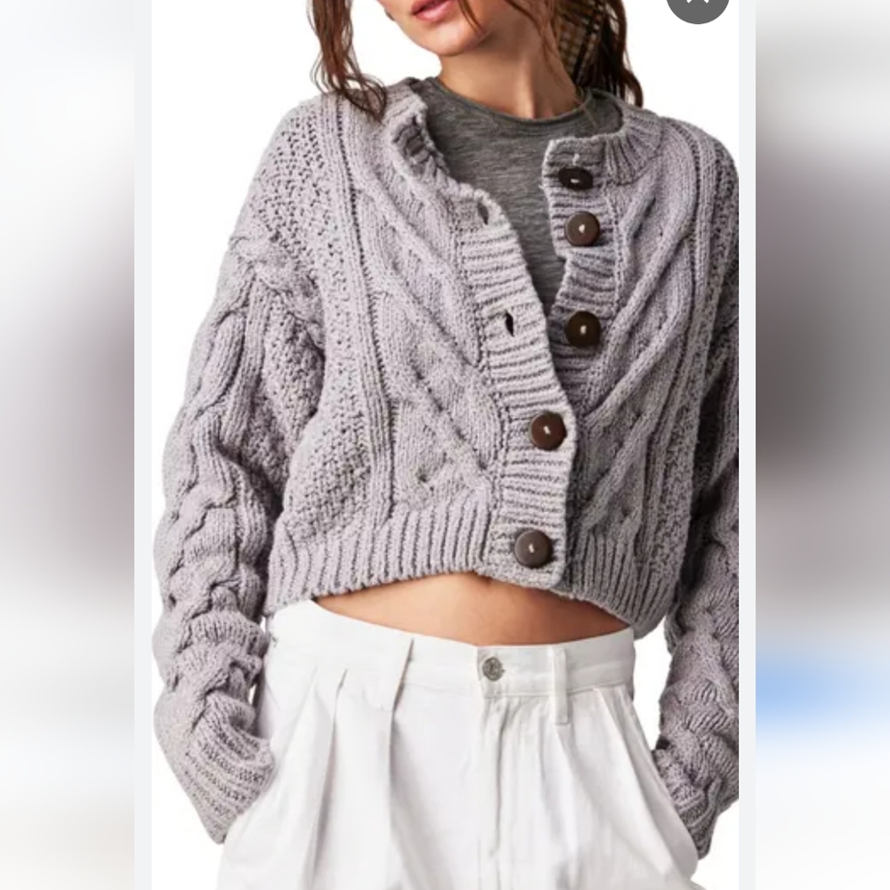 Free People Bonfire Cable Knit Gray Cotton 5 Button Sweater / Cardigan Women M
